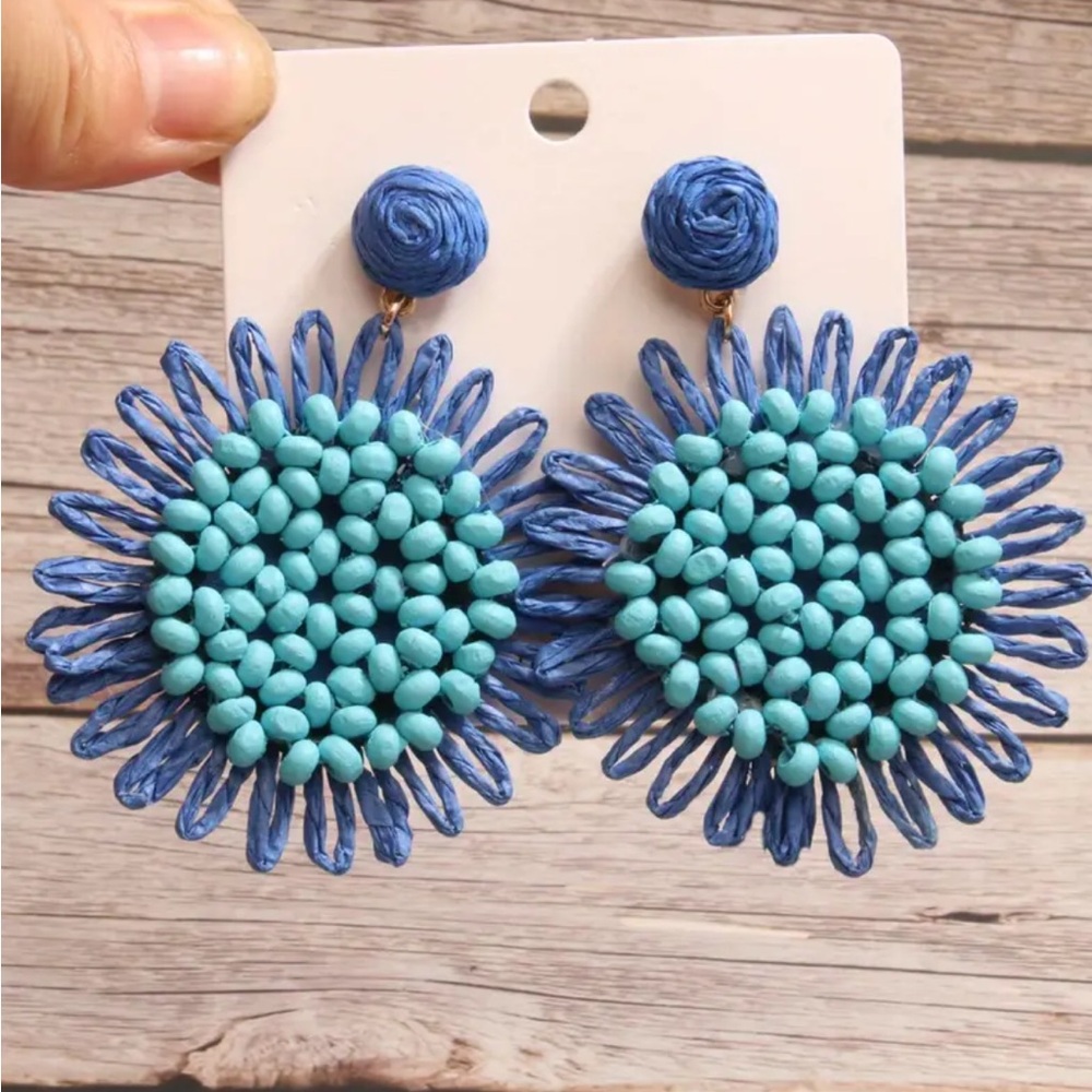 Blue Sunflower Raffia Beaded Earrings